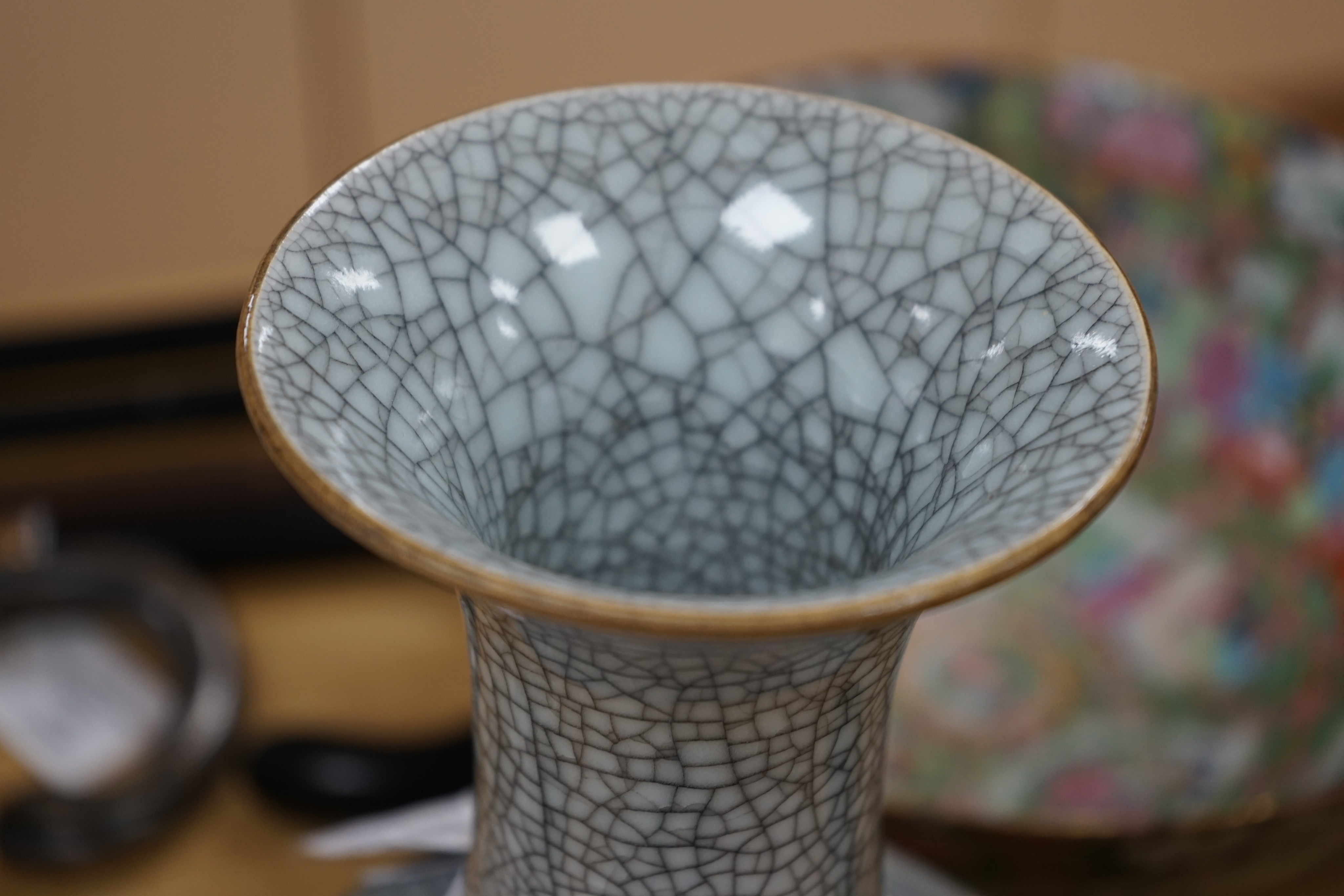 A Chinese famille rose sleeve vase, a similar bowl and a crackle glaze vase, 19th century and later, 31cm
